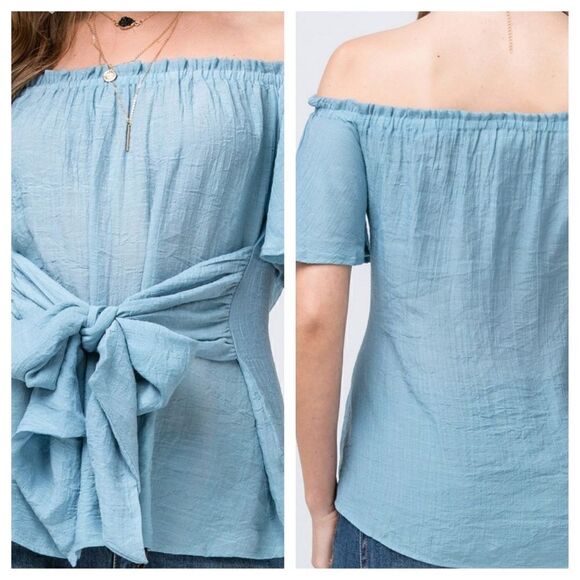 Bow Tie Front Off the Shoulder Dusty Blue Blouse - Picture 3 of 3